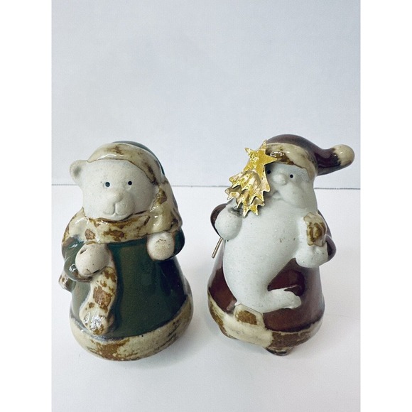 Pier 1 Imports Pottery Christmas Santa & Bear 3” Tall Brown/Green Gold Glossy - Picture 5 of 10